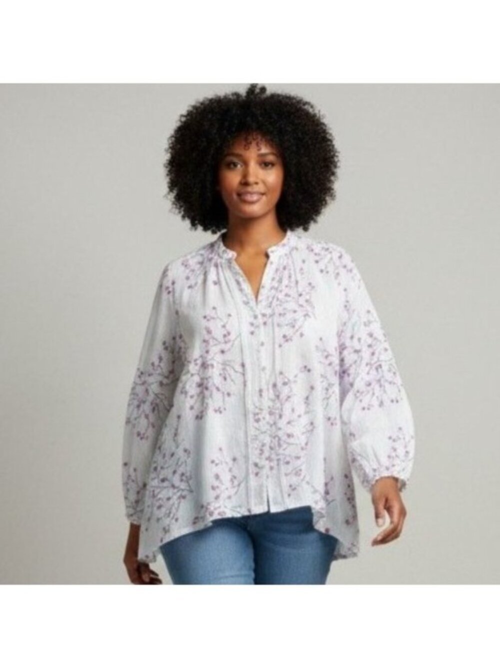 Laura Ashley Womens 3X White Floral Puff Sleeve Peasant Blouse Boho Cottagecore
